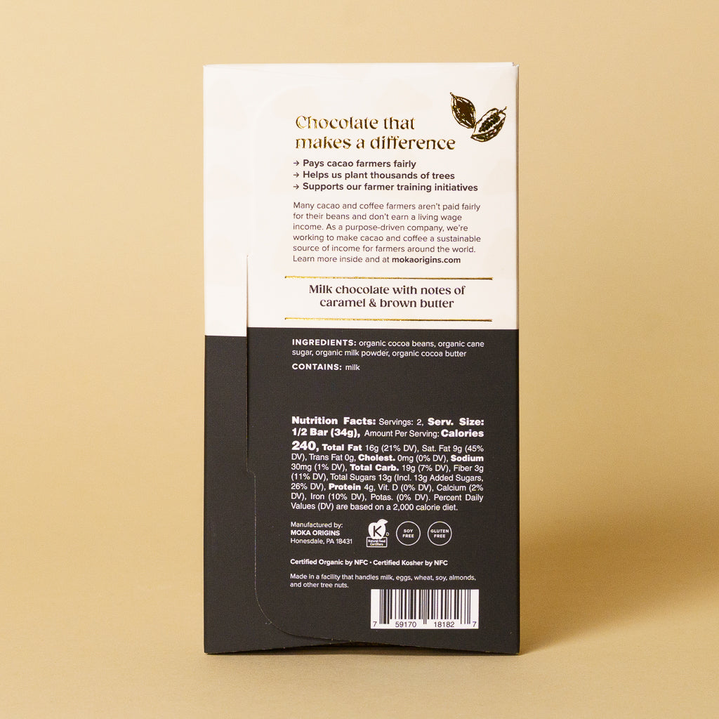 Dark Milk Chocolate bar, back of package with ingredients and nutrition facts