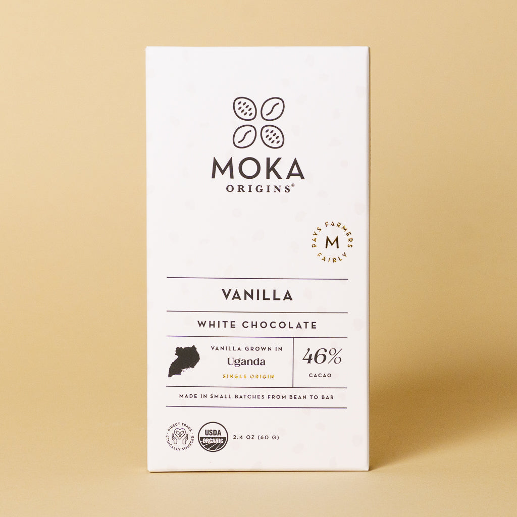 Vanilla White Chocolate bar, front of package