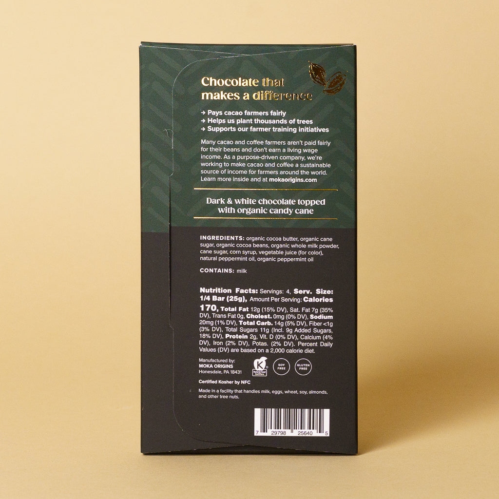 Peppermint Dark and White Chocolate bar, back of package with ingredients and nutrition facts